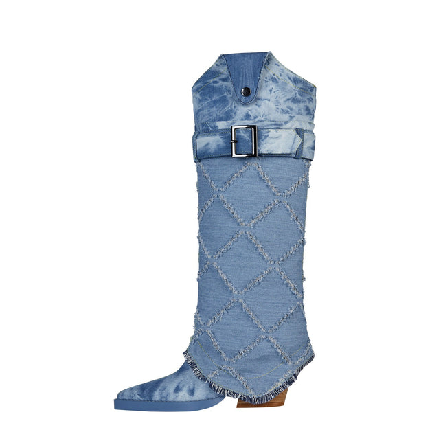 Diamond Denim Blue Knee High Boots-0