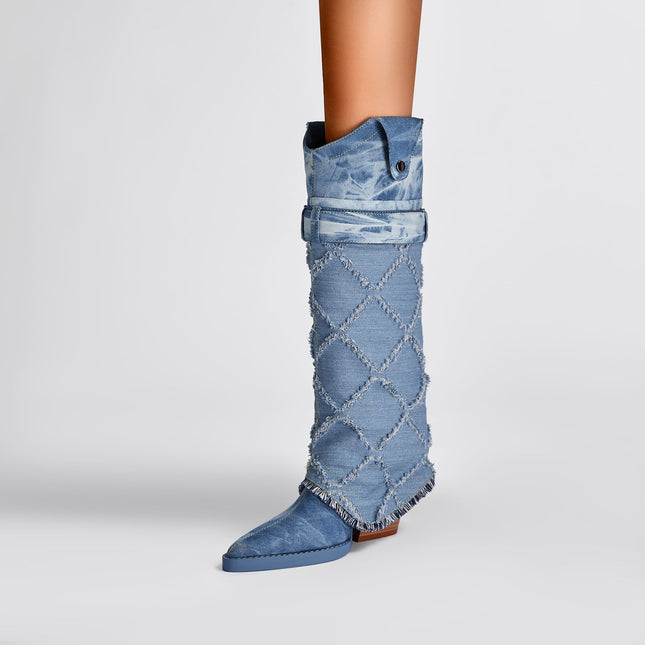 Diamond Denim Blue Knee High Boots-1