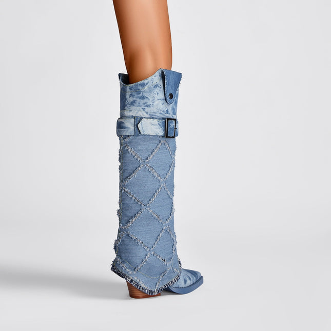 Diamond Denim Blue Knee High Boots-2