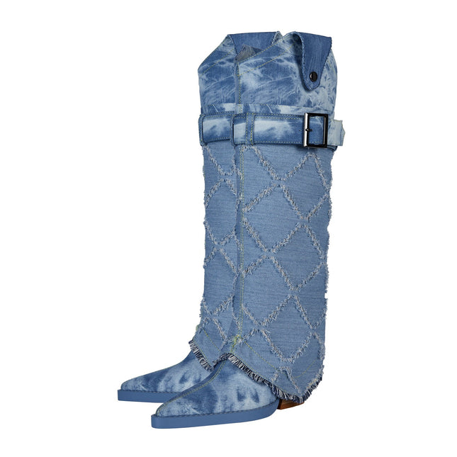 Diamond Denim Blue Knee High Boots-4