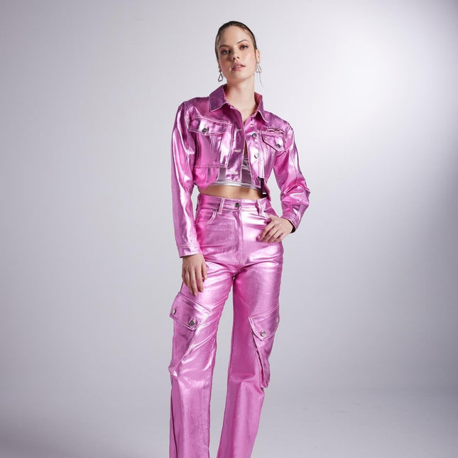 Metallic Pink Glossy Millen Cropped Jacket-4