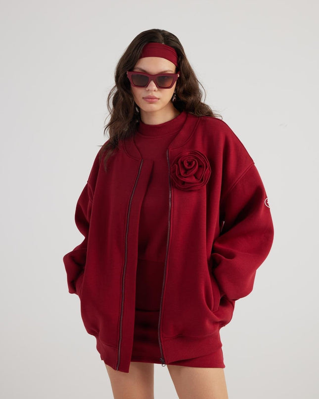 Alexa Burgundy Oversize Bomber Jacket with Removable Rose Accessory-0