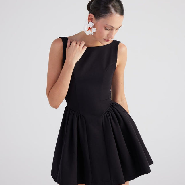 Alena Black Pleated Skirt Mini Dress-0