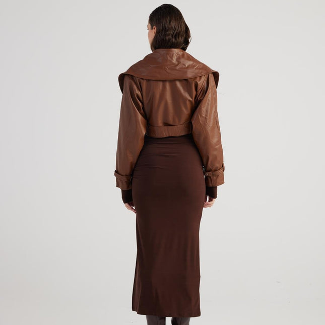 Neeko Chocolate Faux Leather Cropped Jacket-4
