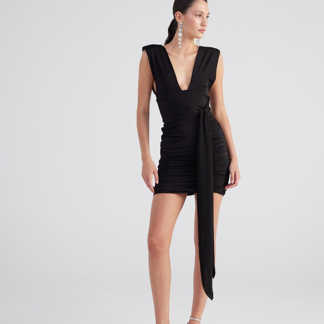 Uma Black Ruched Mini Dress-3