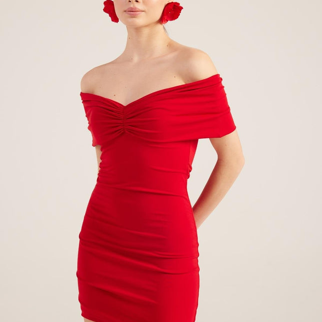Muse Red Bardot Neck Mini Dress-0
