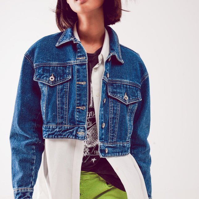 Cropped Denim Jacket in Mid Blue-3