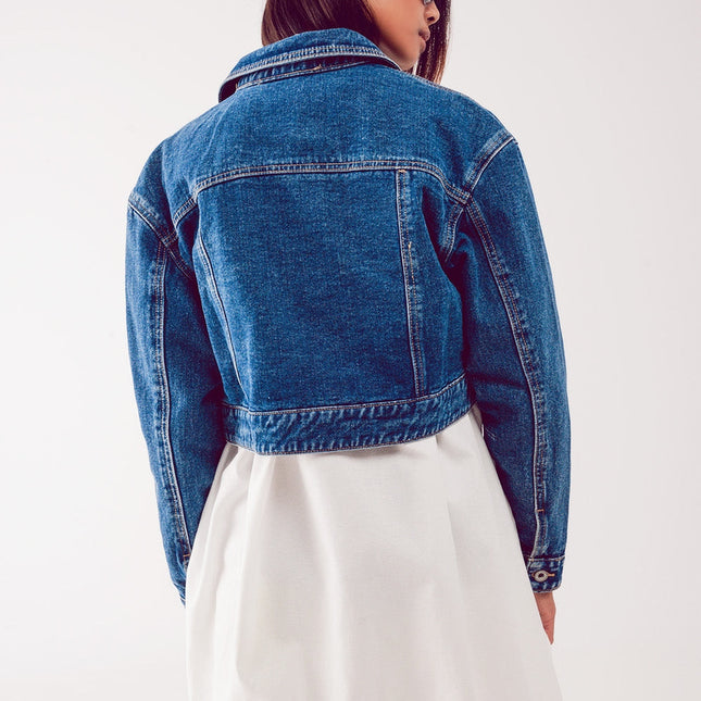 Cropped Denim Jacket in Mid Blue-2