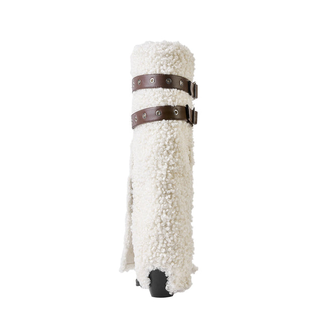 Fluffy White Panel Knee High Boots with Leather Buckles-3