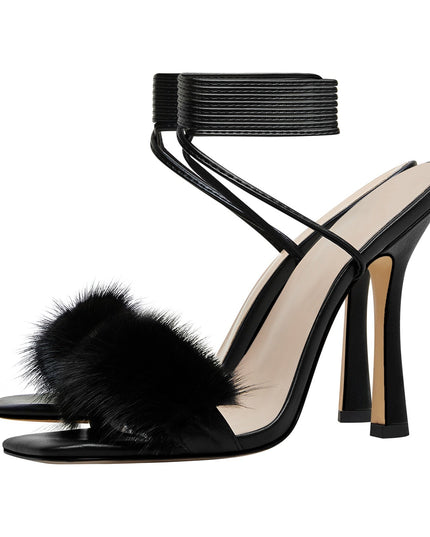 Furry Open Toe Ankle Strap Sandals-2