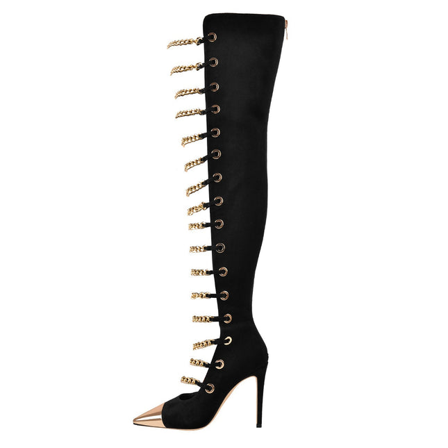 Glam Pointed Toe Gold Chain Black Knee High Boots-0