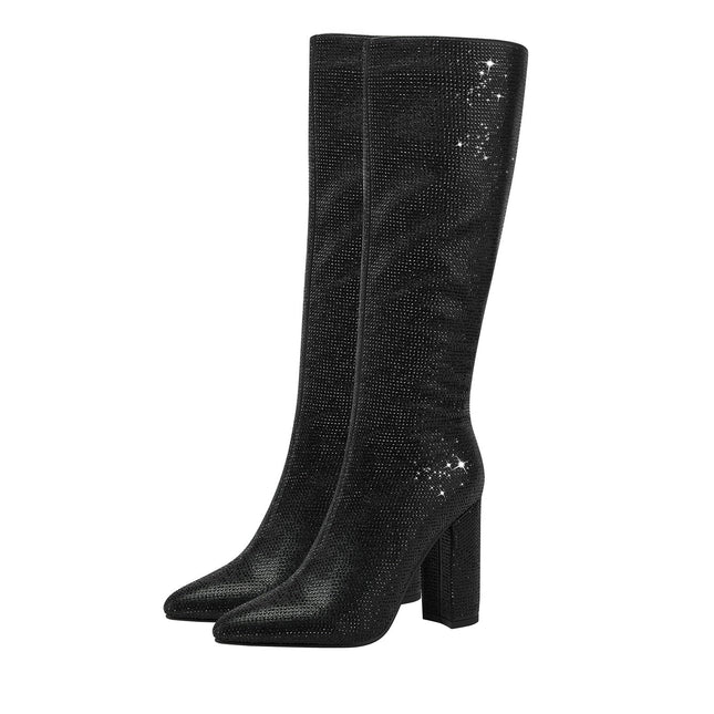 Glittery Rhinestone Pointed Toe Knee High Boots-2