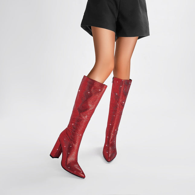 Glittery Rhinestone Pointed Toe Knee High Boots-6