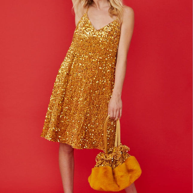 Gold Sequin Cami Swing Dress-2