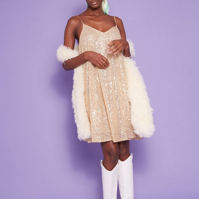 Gold Sequin Lightweight Mini Swing Dress-0