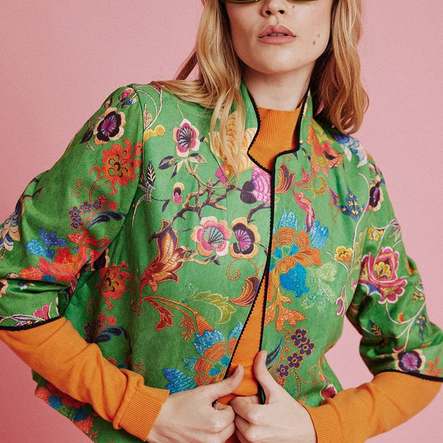 Green Faux Suede Floral Printed Jacket-2