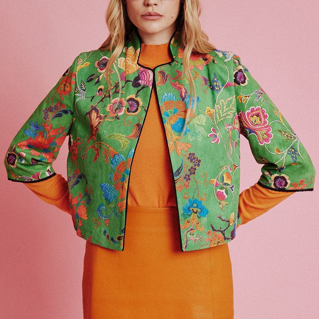 Green Faux Suede Floral Printed Jacket-3