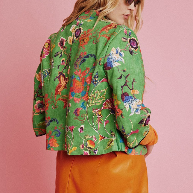 Green Faux Suede Floral Printed Jacket-1
