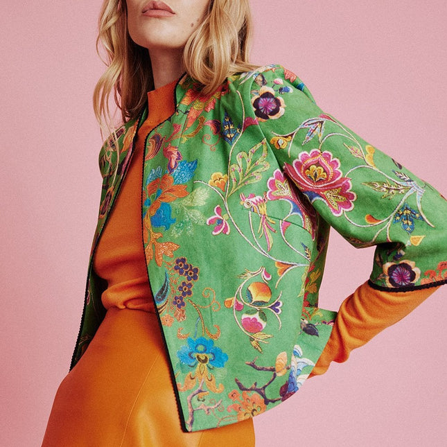 Green Faux Suede Floral Printed Jacket-4