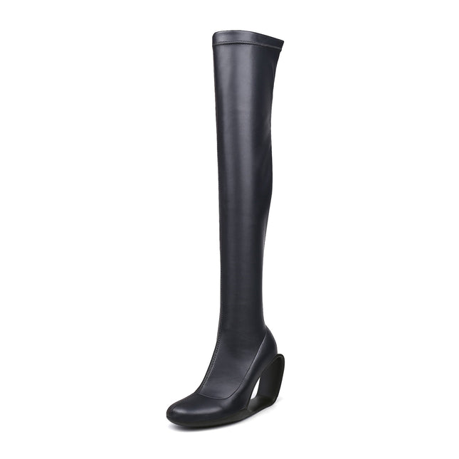 Hollow Wedge Black Knee High Boots-1