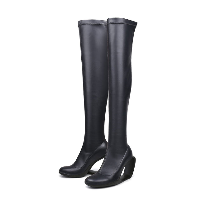 Hollow Wedge Black Knee High Boots-4