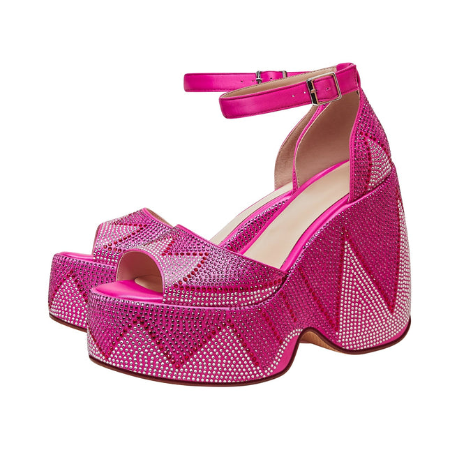 Hot Pink Rhinestone Open Toe Wedge Sandals-3
