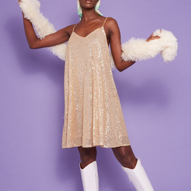 Gold Sequin Lightweight Mini Swing Dress-1