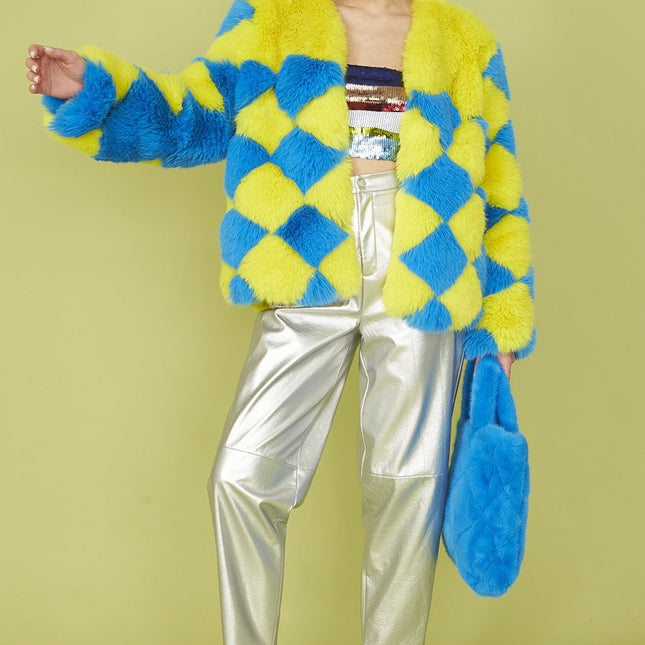 Delilah Handmade Yellow Blue Faux Fur Jacket-0