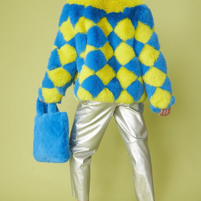 Delilah Handmade Yellow Blue Faux Fur Jacket-2