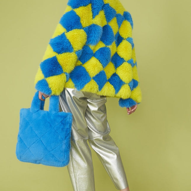 Delilah Handmade Yellow Blue Faux Fur Jacket-3