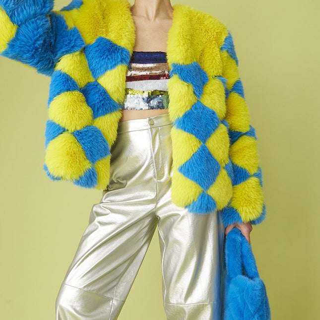 Delilah Handmade Yellow Blue Faux Fur Jacket-1