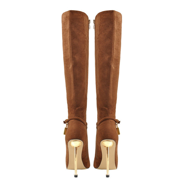 Lavish Brown Suede Pointed Toe Knee High Boots-4