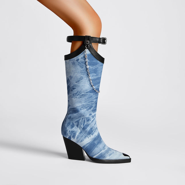 Light Blue Denim Chain Embellished Knee High Boots-1