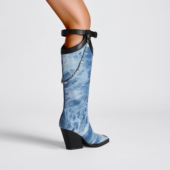Light Blue Denim Chain Embellished Knee High Boots-2