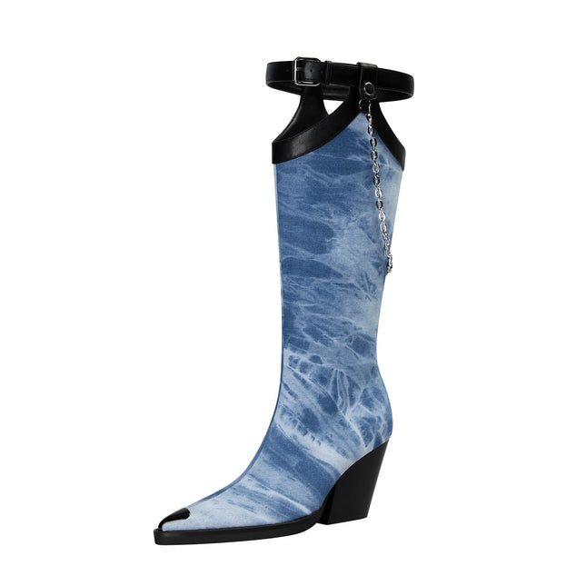 Light Blue Denim Chain Embellished Knee High Boots-3