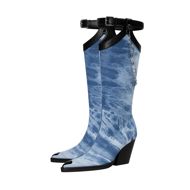 Light Blue Denim Chain Embellished Knee High Boots-4