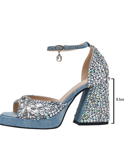 Light Blue Gem Encrusted Peep Toe Ankle Strap Sandals-2