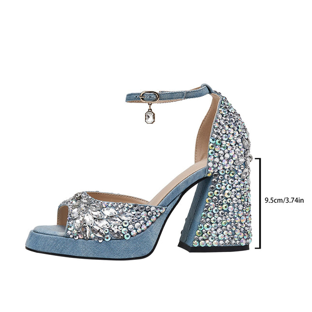 Light Blue Gem Encrusted Peep Toe Ankle Strap Sandals-2