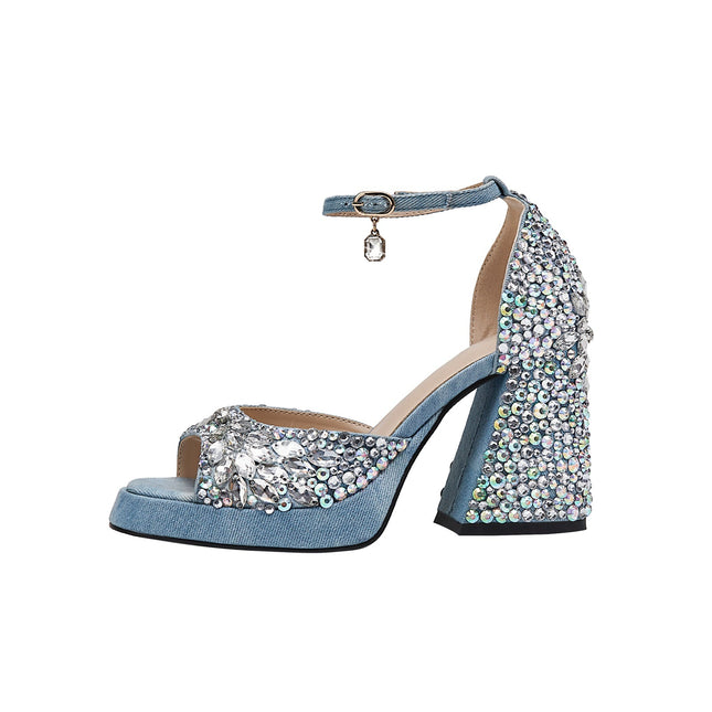 Light Blue Gem Encrusted Peep Toe Ankle Strap Sandals-3