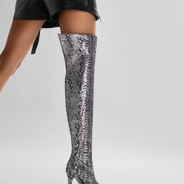 Mysterious Black Python Stiletto Knee High Boots-3