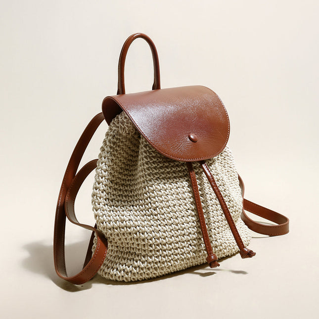 Natural White Cotton Woven Backpack with Leather Straps-1