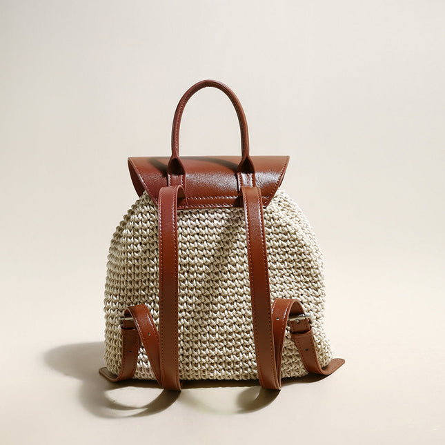 Natural White Cotton Woven Backpack with Leather Straps-2