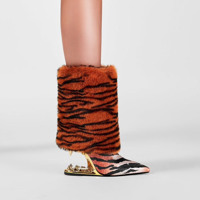 Orange Tiger Fur Wrap Bite Heel Ankle Boots-1