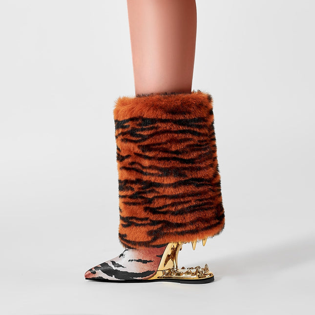 Orange Tiger Fur Wrap Bite Heel Ankle Boots-2