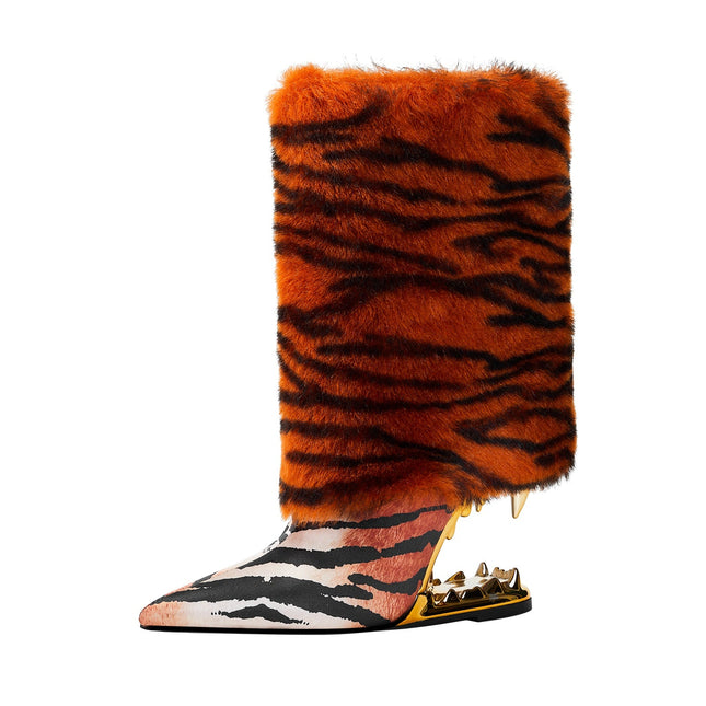 Orange Tiger Fur Wrap Bite Heel Ankle Boots-3
