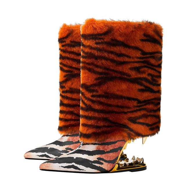 Orange Tiger Fur Wrap Bite Heel Ankle Boots-4