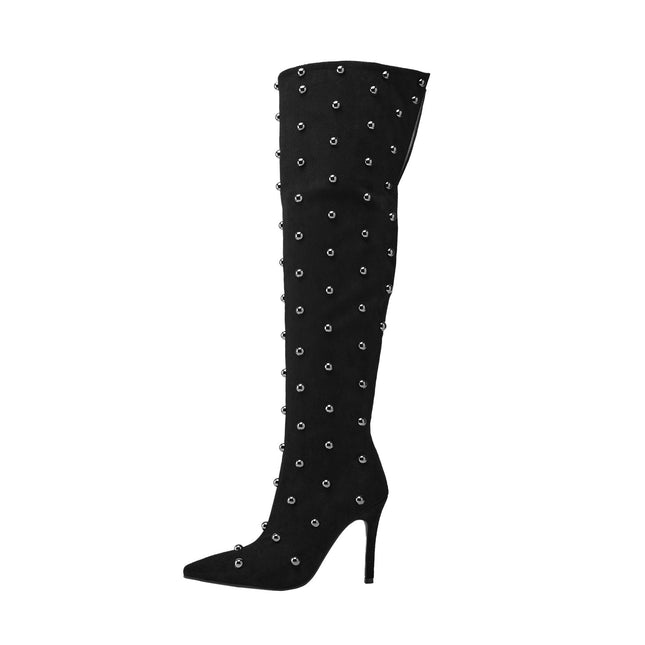 Pointed Toe Bead Rivet Knee High Boots-0