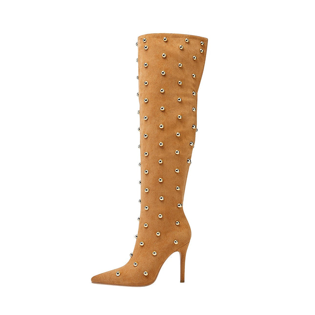 Pointed Toe Bead Rivet Knee High Boots-5