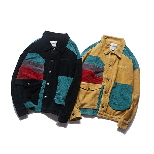 Men Corduroy Patchwork Men's Jacket Pockets High Street  Streetwear-1