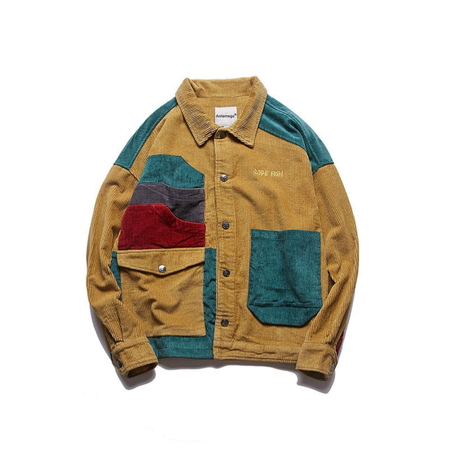 Men Corduroy Patchwork Men's Jacket Pockets High Street  Streetwear-0